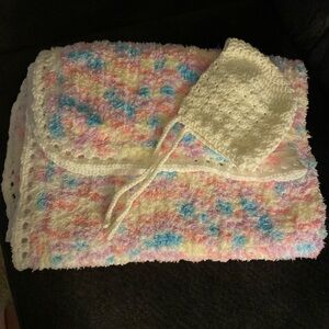 Handmade Pastel Baby Blanket and Bonnet Set